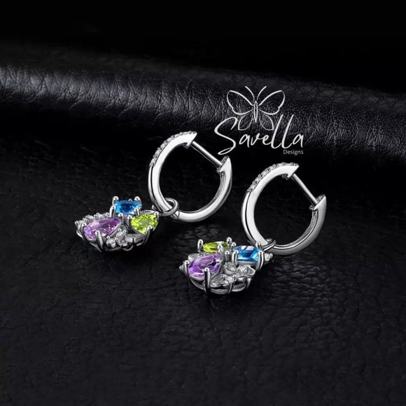 Tri-Stone Amethyst, Blue Topaz and Peridot Earrings Set in 925 Silver - Picture 2 of 4